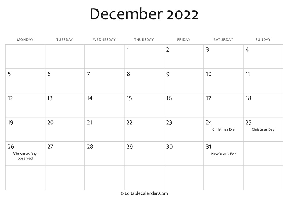 December 2022 Printable Calendar with Holidays