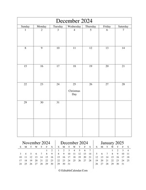 december 2024 editable calendar (portrait layout)