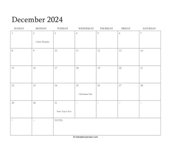 december 2024 editable calendar with holidays