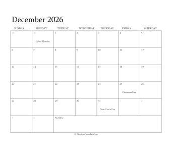 december 2026 editable calendar with holidays
