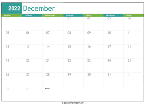 december calendar 2022 printable