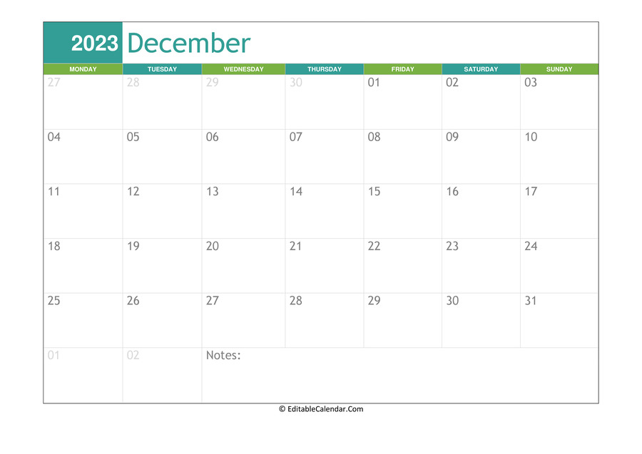 december calendar 2023 printable