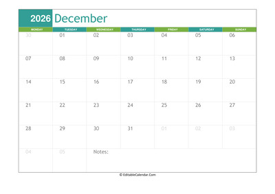 december calendar 2026 printable