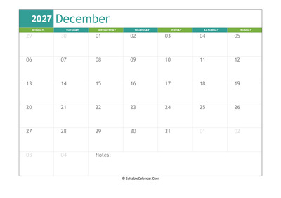 december calendar 2027 printable
