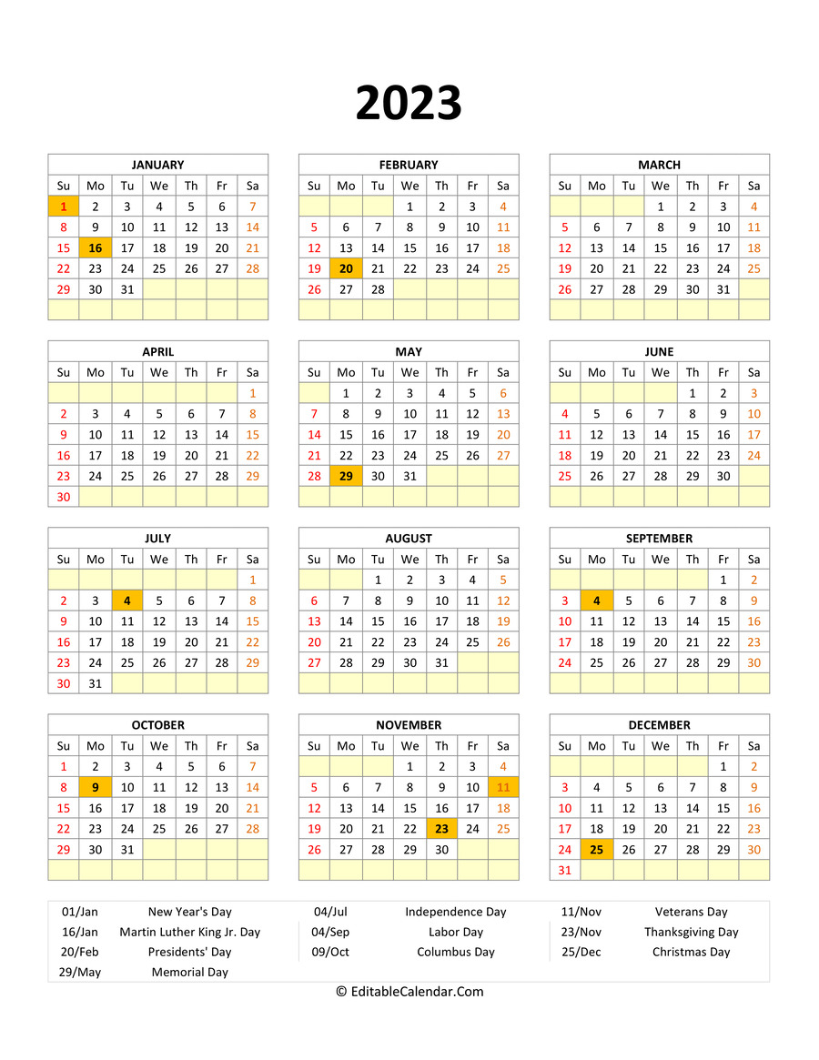 editable 2023 calendar with holidays