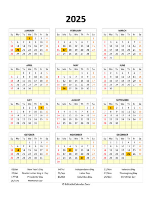 editable 2025 calendar with holidays
