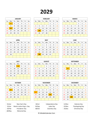 editable 2029 calendar with holidays