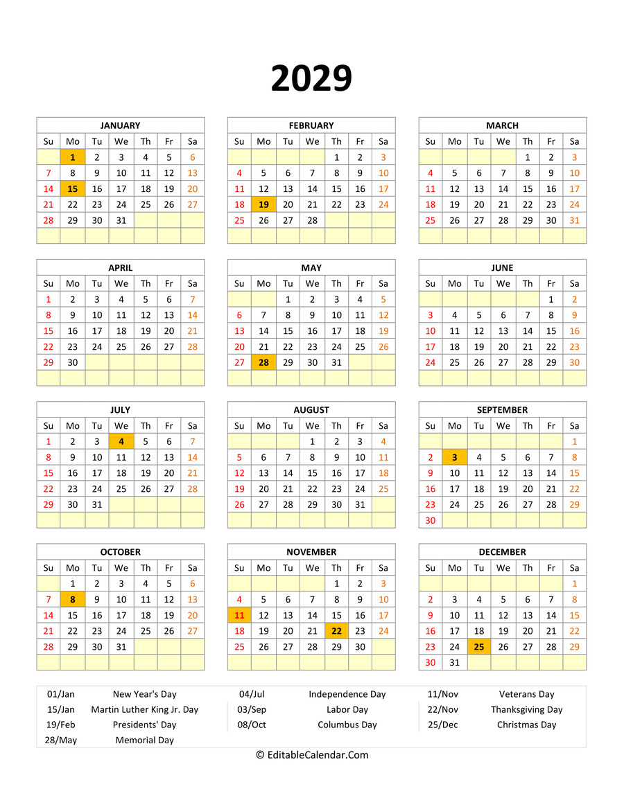 editable 2029 calendar with holidays