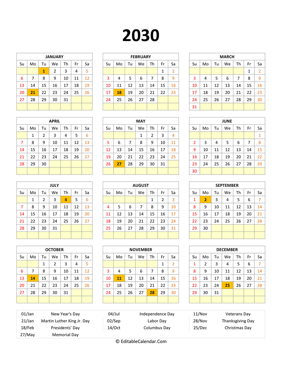 editable 2030 calendar with holidays