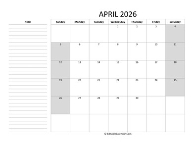 editable april 2026 calendar with notes