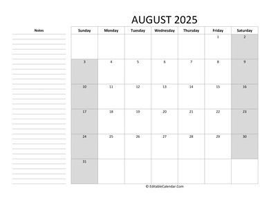 editable august 2025 calendar with notes