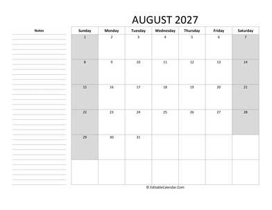 editable august 2027 calendar with sidebar notes
