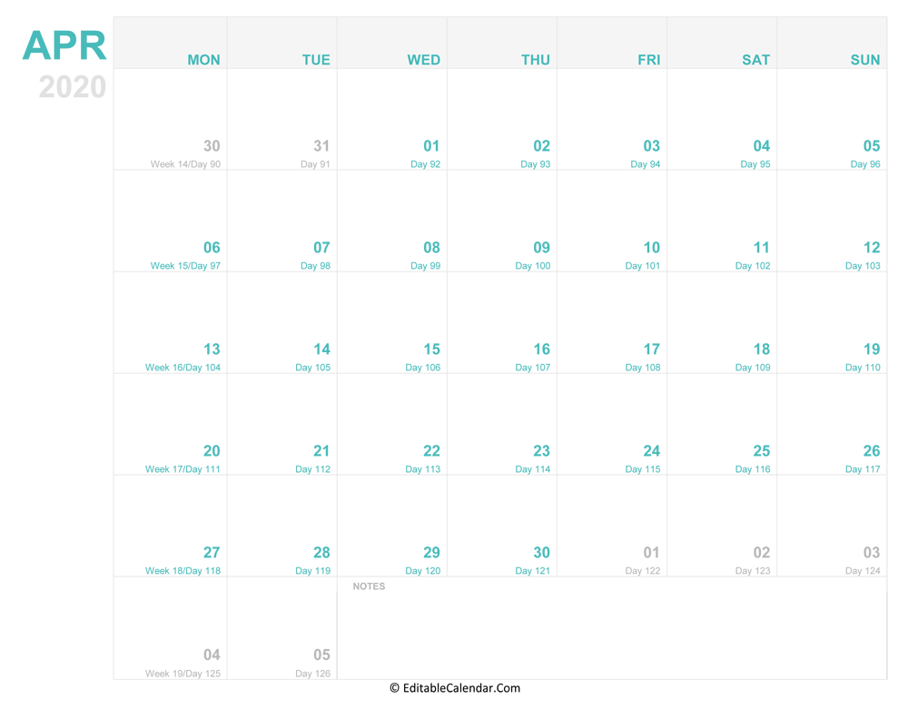 Download Editable Calendar April 2020 (PDF Version)