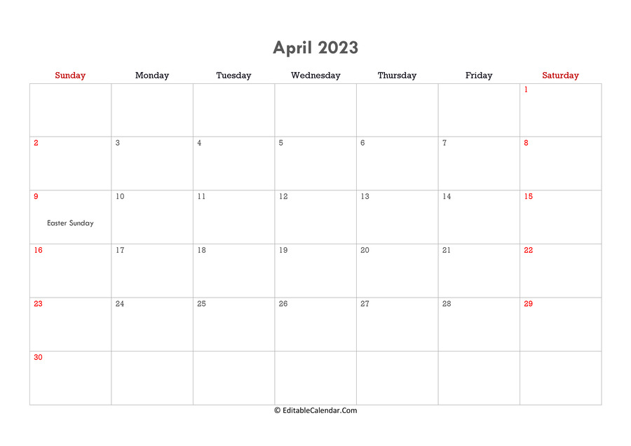 Editable Calendar April 2023