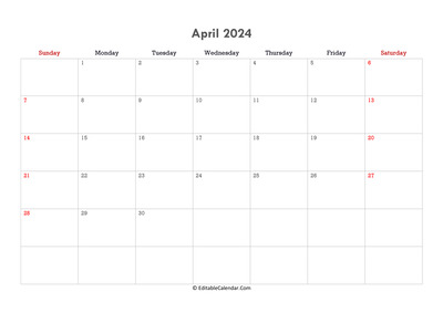 editable calendar april 2024 with notes