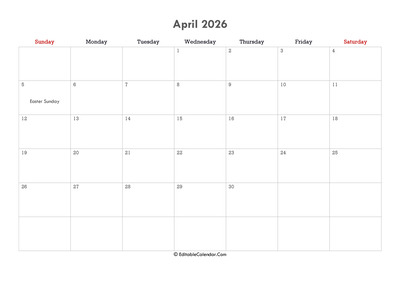 editable calendar april 2026 with notes