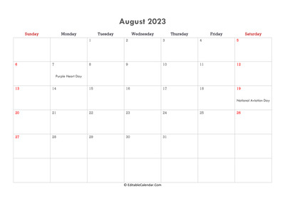 editable calendar august 2023 with notes