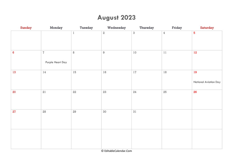 Free Printable Editable Calendar August 2023