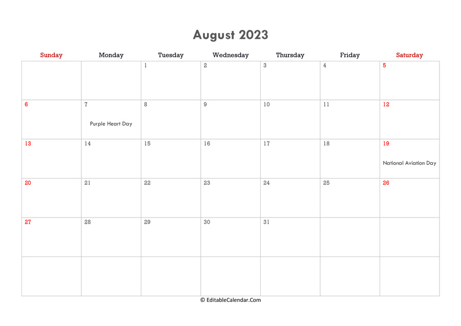 Download Editable Calendar August 2023 PDF Version 