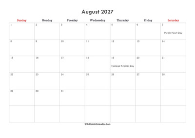 editable calendar august 2027