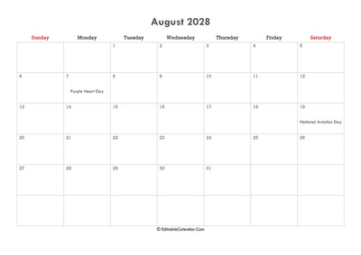 editable calendar august 2028