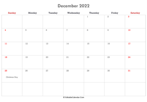 editable calendar december 2022 with notes