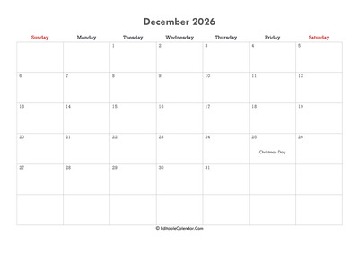 editable calendar december 2026