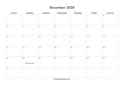editable calendar december 2028