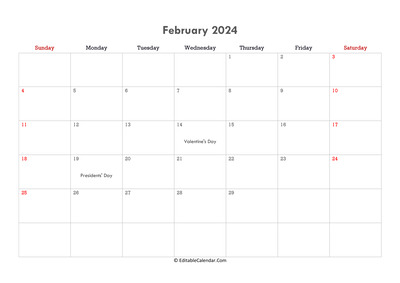 editable calendar february 2024 with notes