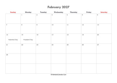editable calendar february 2027 with notes