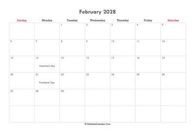 editable calendar february 2028