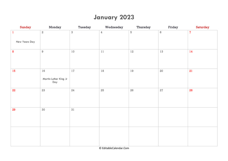 Download Editable Calendar January 2023 (Word Version)
