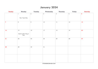 editable calendar january 2024 with notes