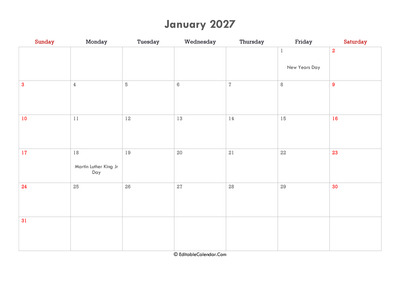 editable calendar january 2027