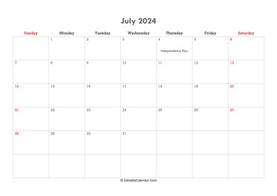editable calendar july 2024 with notes