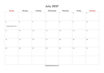 editable calendar july 2027