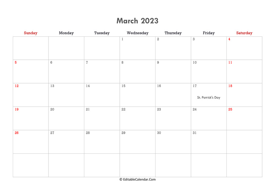 Download Editable Calendar March 2023 Word Version 