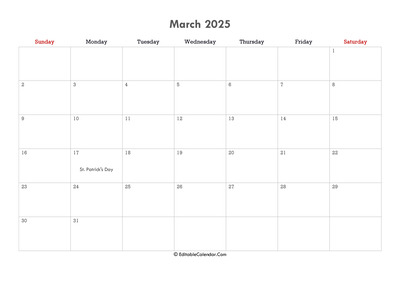 editable calendar march 2025