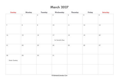 editable calendar march 2027 with notes