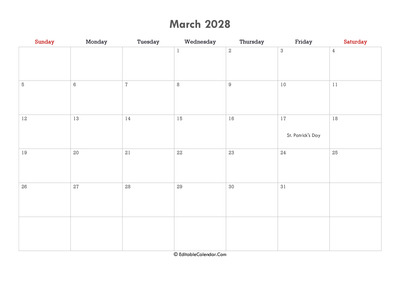 editable calendar march 2028