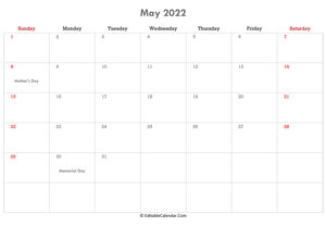 editable calendar may 2022