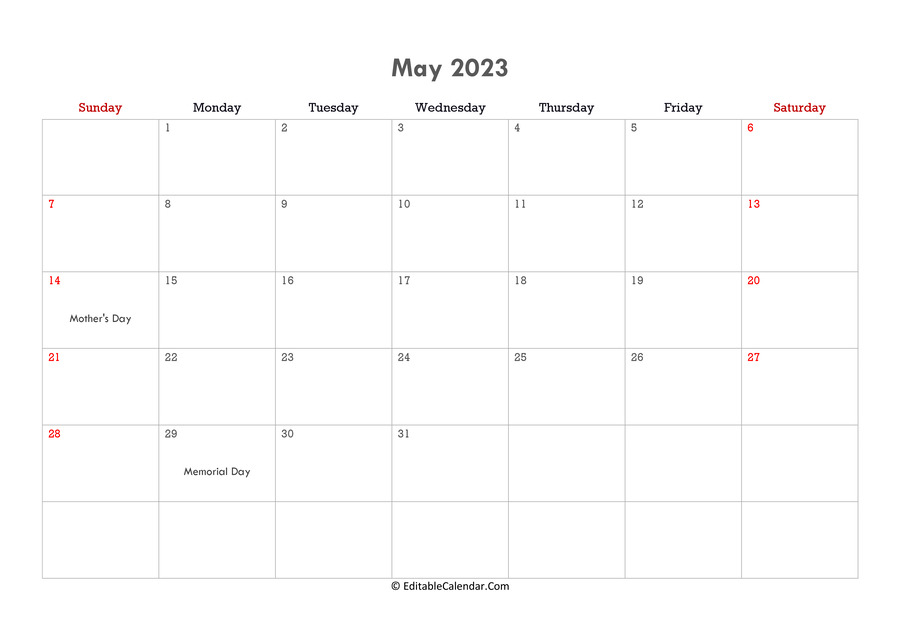 editable calendar may 2023