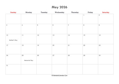 editable calendar may 2026 with notes