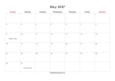 editable calendar may 2027