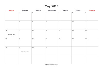 editable calendar may 2028
