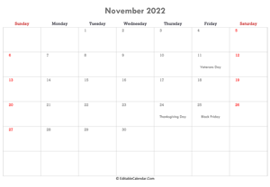 editable calendar november 2022 with notes