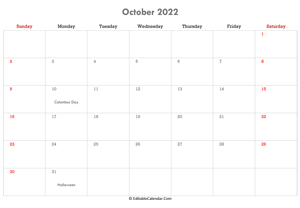 editable calendar october 2022