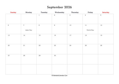 editable calendar september 2026 with notes