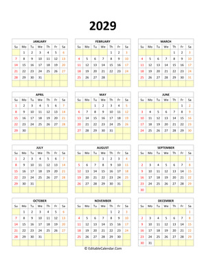 editable calendar template 2029