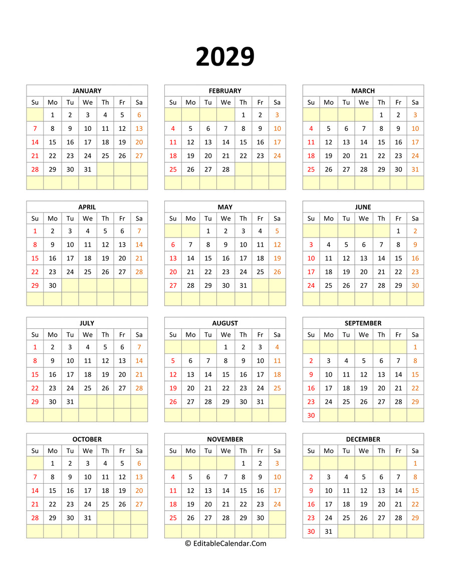 editable calendar template 2029